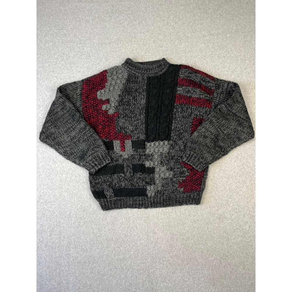 Vintage Street Scenes Sweater Mens L Gray Tight Knit Geometric Print 90's